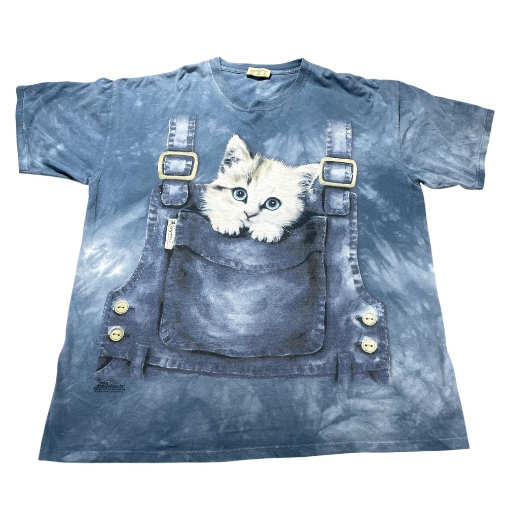 Vintage The Mountain Shirt Mens 2XL Blue Kitten Overalls Graphic Cat‎ Tee 2000s